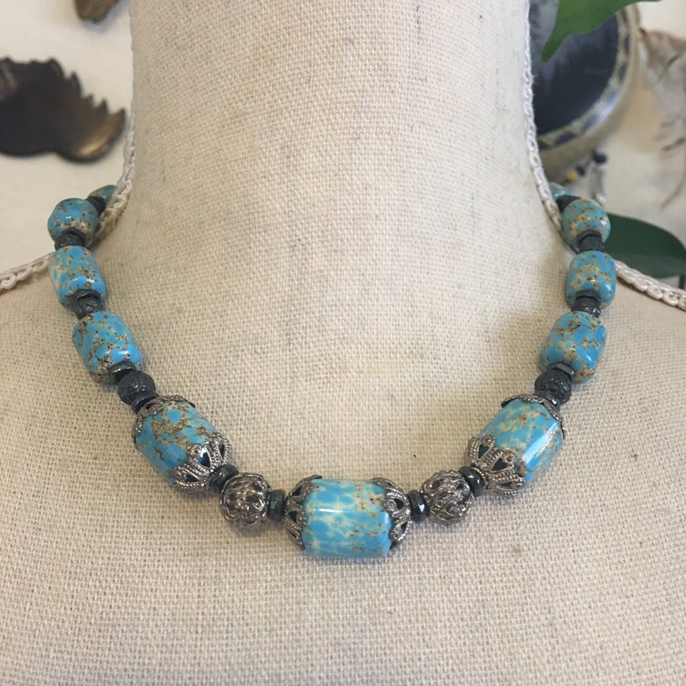 Vintage Caribbean blue jasper bead necklace